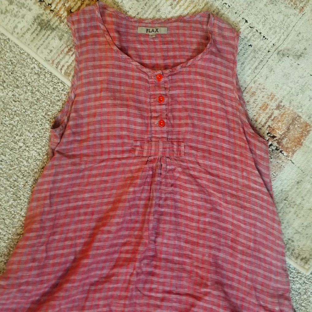 《FLAX》100% Linen Plaid Sleeveless Babydoll Dress